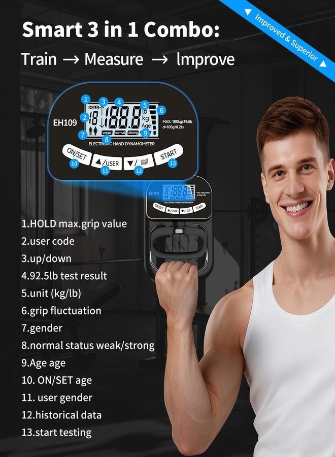 Saicefe Grip Strength Tester Trainer Electronic Hand Dynamometer of 396lbs/180kg & Grip strengthener with Adjustable Resistance for Sports Home Gym with Digital Display Precision Training for Rehab Fitness - Image 4
