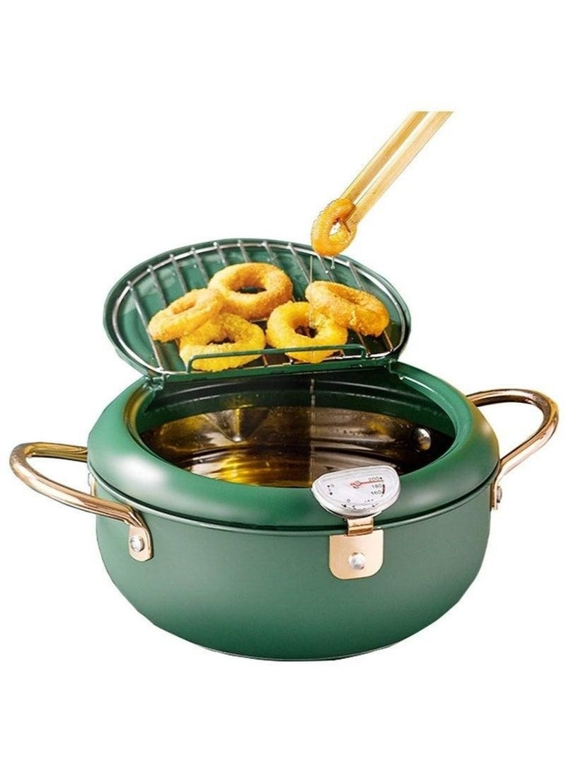 304 Stainless Steel Tempura Fryer Pan, 3.2L, Green, with Thermometer and Drip Rack Lid