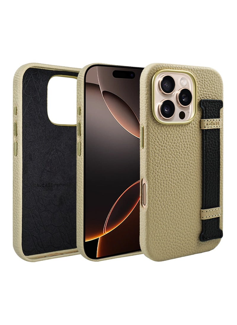 A-CASE - A-Case itsmycase Series Amur Pro Made of 100% Genuine Leather in addition to The Strap Used As Stand Compatible with iPhone 16 Pro - Beige Black - Image 1