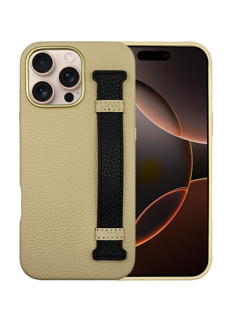 A-CASE - A-Case itsmycase Series Amur Pro Made of 100% Genuine Leather in addition to The Strap Used As Stand Compatible with iPhone 16 Pro - Beige Black - Image 1