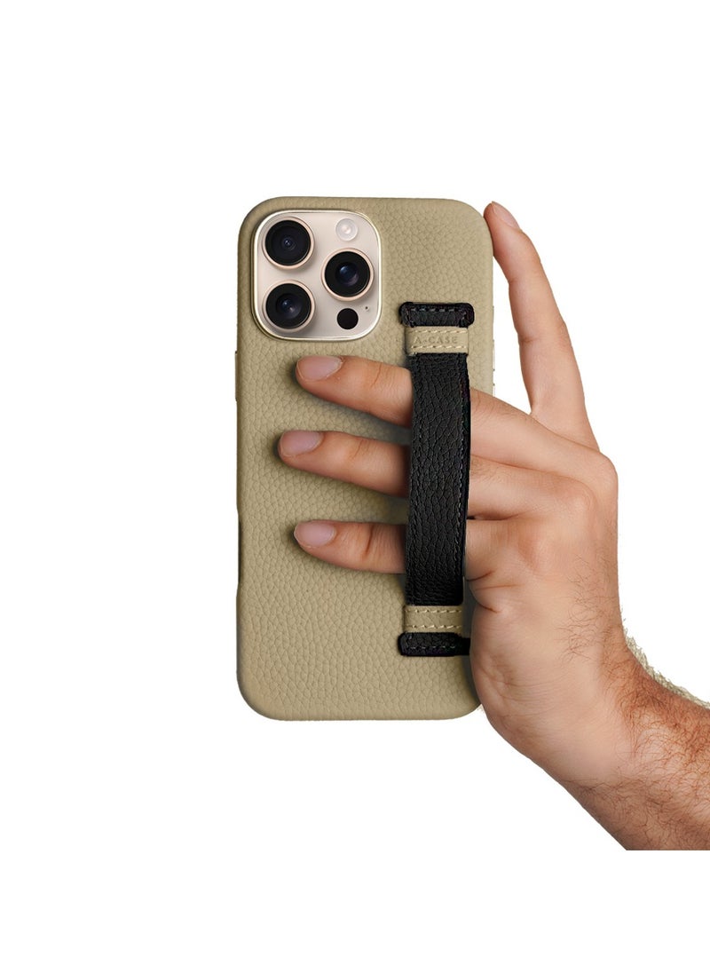A-CASE - A-Case itsmycase Series Amur Pro Made of 100% Genuine Leather in addition to The Strap Used As Stand Compatible with iPhone 16 Pro - Beige Black - Image 1