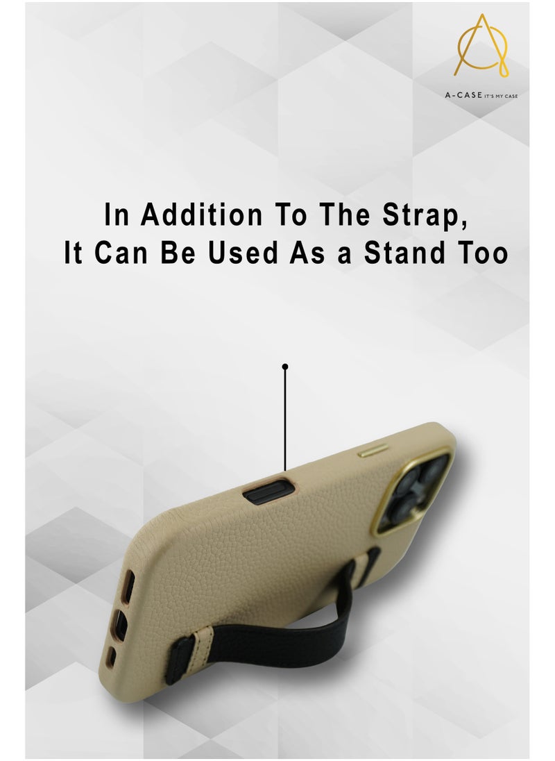 A-CASE - A-Case itsmycase Series Amur Pro Made of 100% Genuine Leather in addition to The Strap Used As Stand Compatible with iPhone 16 Pro - Beige Black - Image 1