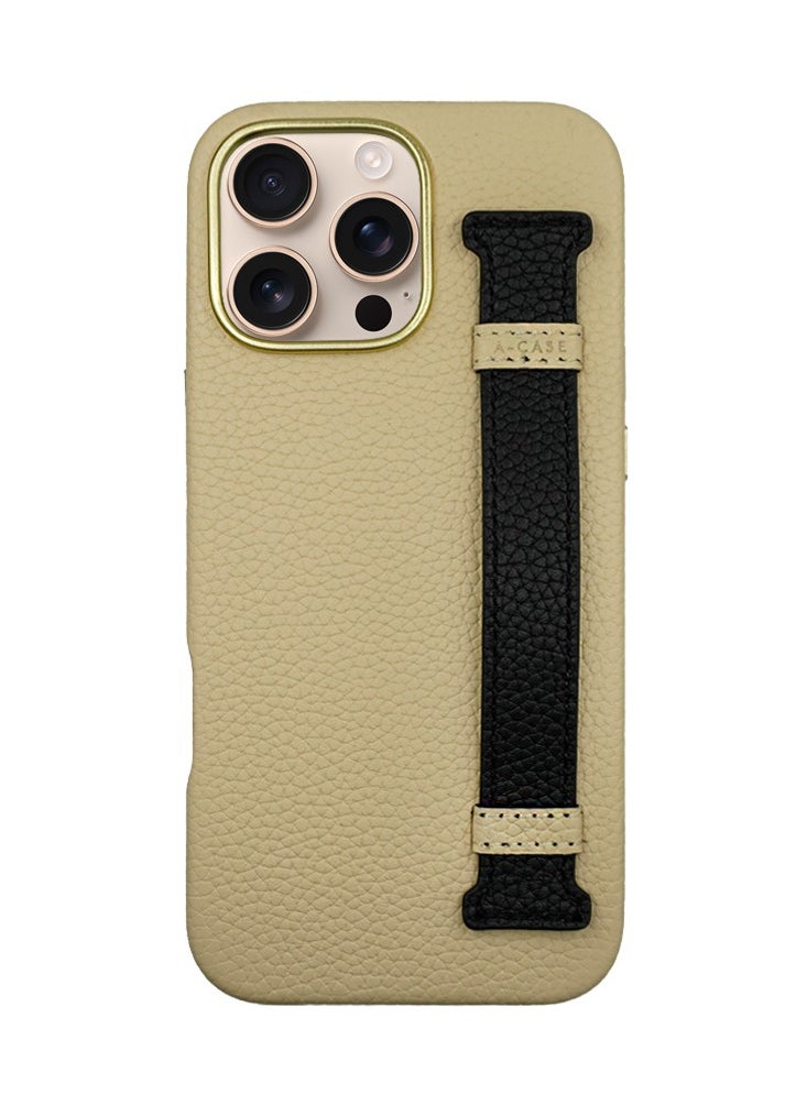 A-CASE - A-Case itsmycase Series Amur Pro Made of 100% Genuine Leather in addition to The Strap Used As Stand Compatible with iPhone 16 Pro - Beige Black - Image 1