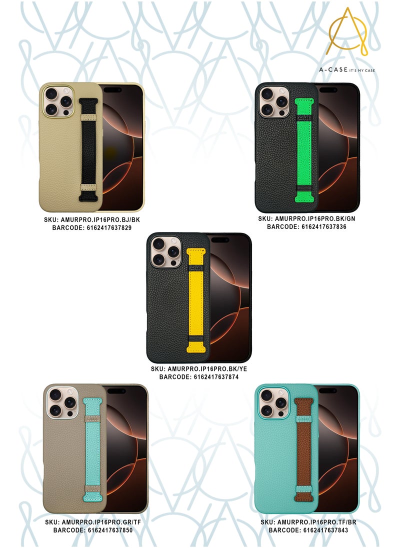A-CASE - A-Case itsmycase Series Amur Pro Made of 100% Genuine Leather in addition to The Strap Used As Stand Compatible with iPhone 16 Pro - Beige Black - Image 1
