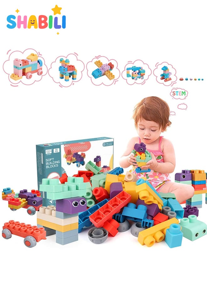 SHABILI Soft Large Bricks Building Blocks TPE Safe Material Easy Grip Bite-Friendly Heat-Sterilizable Washable Creative Learning Toy Set with Wheels & Eyes Pastel Colors for Kids Boys & Girls STEM Motor Skills Indoor Outdoor Birthday Gift - Image 1
