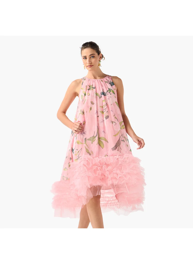 تواكستريمز 2Xtremz Floral Print Sleeveless Midi Dress with Tulle Detail