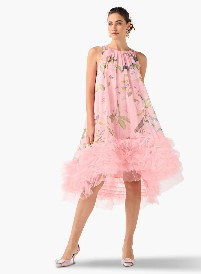 2Xtremz 2Xtremz Floral Print Sleeveless Midi Dress with Tulle Detail