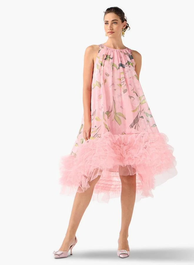 2Xtremz 2Xtremz Floral Print Sleeveless Midi Dress with Tulle Detail