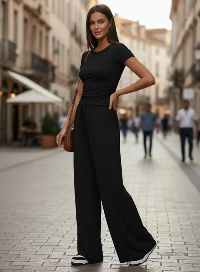 تايك تو Black Solid Crop Top And Casual Pants Co-Ord Set