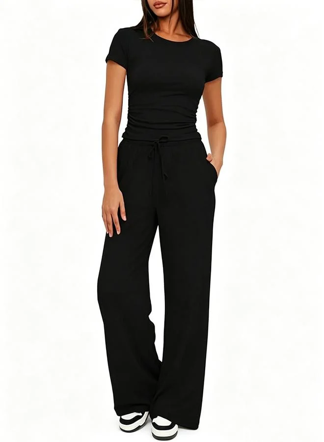 تايك تو Black Solid Crop Top And Casual Pants Co-Ord Set