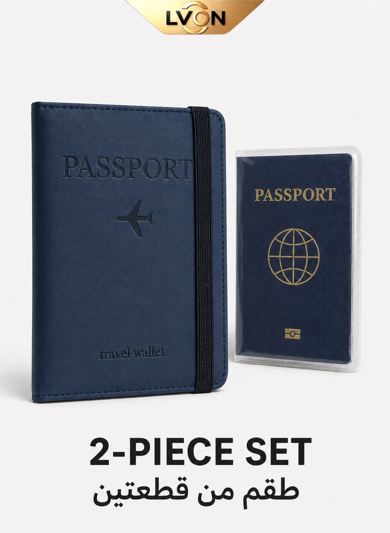 LVON 2-Piece Passport Holder Set, RFID Passport Wallet with Card & Boarding Pass Slots + Transparent Waterproof PVC Passport Cover, Travel Essentials for Women & Men(Blue) - Image 1