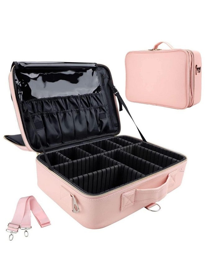SHAMAX® Professional Makeup Case Organizer Bag for Women Travel Cosmetic Kit Storage Vanity Box Vanity Bag Portable Artist Storage Makeup Brush Bag with Adjustable Dividers (Pink, Large) - 18 Inch - Image 1