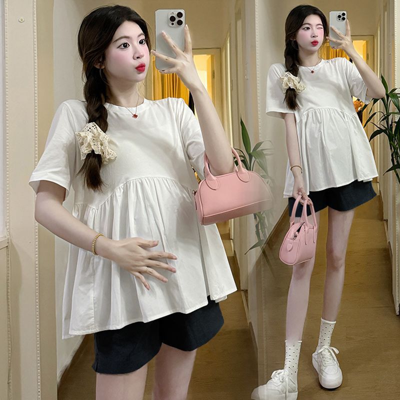 Stylish Maternity Summer Outfit Set White Top Black Pants suit