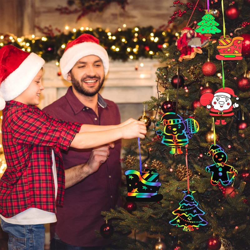 Max Fun Christmas Crafts Scratch Art for Kids, 48PCS Magic Rainbow Scratch Off Paper Cards, Christmas Ornaments Hanging Art for Kids Party Favors Supplies, Stocking Stuffers Educational Toys - Image 2