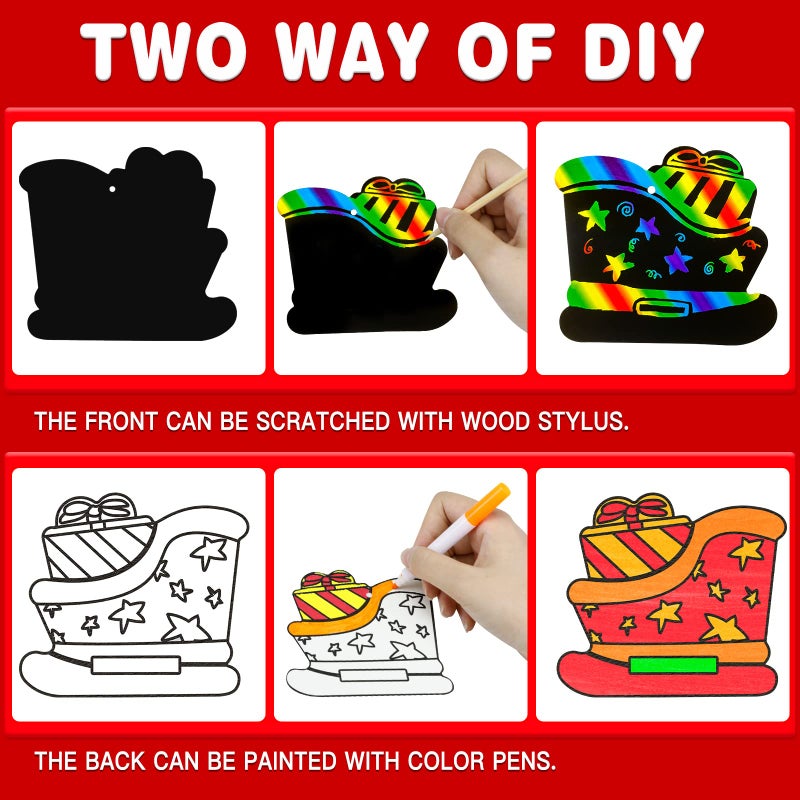 Max Fun Christmas Crafts Scratch Art for Kids, 48PCS Magic Rainbow Scratch Off Paper Cards, Christmas Ornaments Hanging Art for Kids Party Favors Supplies, Stocking Stuffers Educational Toys - Image 4
