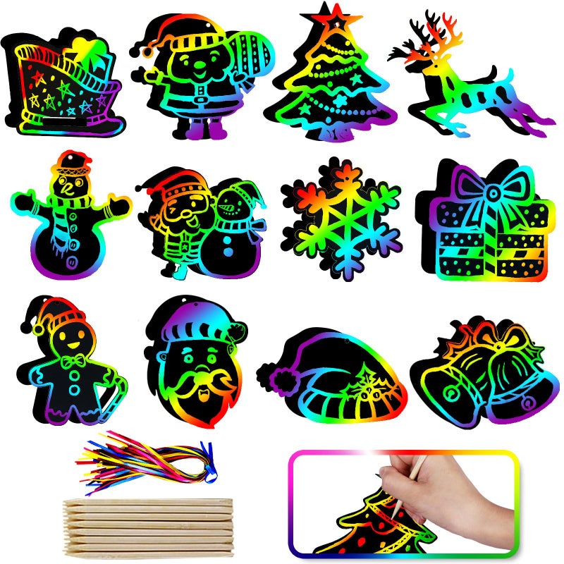 Max Fun Christmas Crafts Scratch Art for Kids, 48PCS Magic Rainbow Scratch Off Paper Cards, Christmas Ornaments Hanging Art for Kids Party Favors Supplies, Stocking Stuffers Educational Toys - Image 1