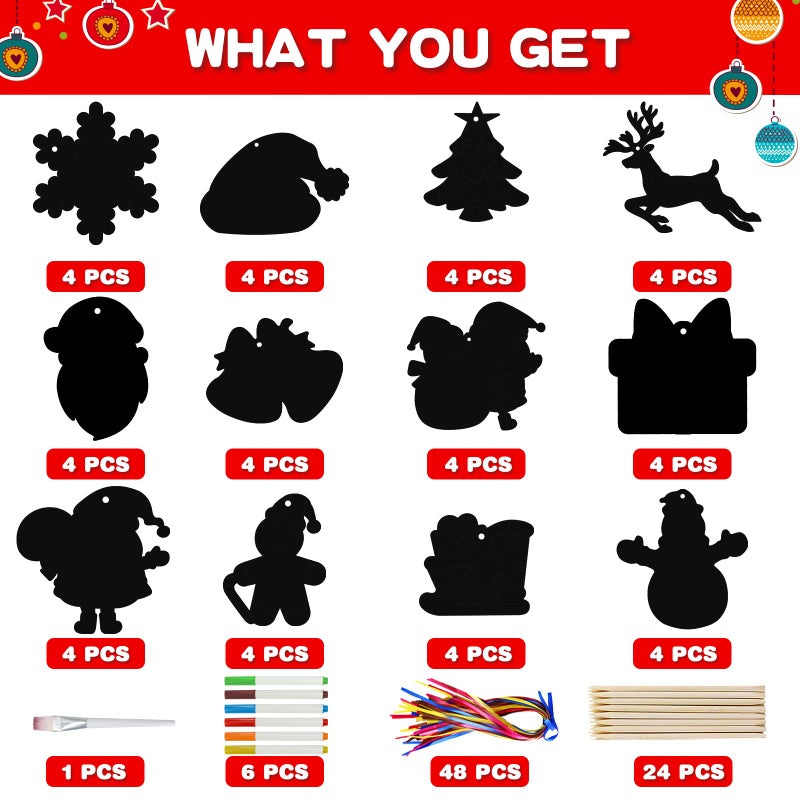 Max Fun Christmas Crafts Scratch Art for Kids, 48PCS Magic Rainbow Scratch Off Paper Cards, Christmas Ornaments Hanging Art for Kids Party Favors Supplies, Stocking Stuffers Educational Toys - Image 3