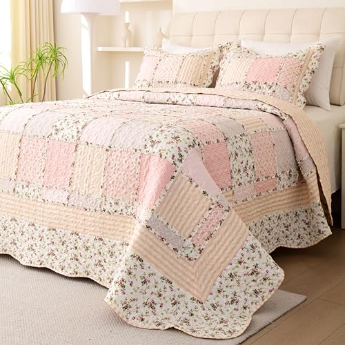Cmfshape Garden Floral Quilt Bedspread Twin Size Patchwork Pink Quilt Set with 1 Pillow ShamSummer Bedding Set for Girls WomenSoft Lightweight Bed Coverlet for All SeasonsTwin68x86 PinkYellow - Image 3