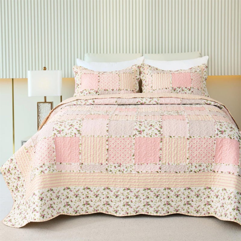 Cmfshape Garden Floral Quilt Bedspread Twin Size Patchwork Pink Quilt Set with 1 Pillow ShamSummer Bedding Set for Girls WomenSoft Lightweight Bed Coverlet for All SeasonsTwin68x86 PinkYellow - Image 2