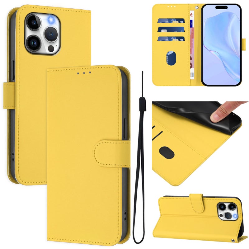 HuHa Protective Cover For iPhone 14 Pro Max Skin Feel Solid Color Leather Phone Case with Lanyard(Lemon Yellow) - Image 1