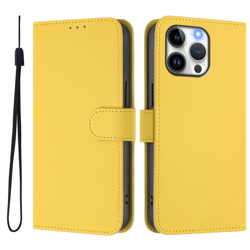 HuHa Protective Cover For iPhone 14 Pro Max Skin Feel Solid Color Leather Phone Case with Lanyard(Lemon Yellow) - Image 2