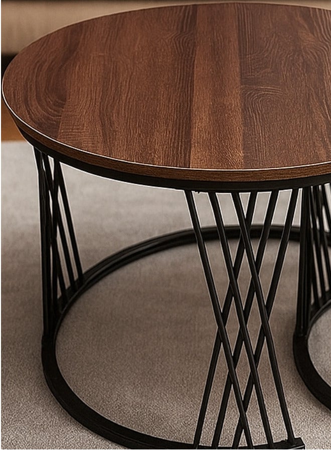 SULSHA Nesting Tables Removable Set of 2 End Table, Round Coffee Tables with Black Metal Frame Legs and Wooden White Top for Living Room, Bedroom, Office, Balcony, Apartment (Walnut) - Image 2