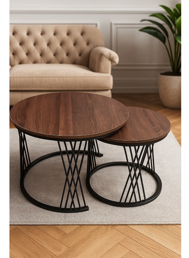 SULSHA Nesting Tables Removable Set of 2 End Table, Round Coffee Tables with Black Metal Frame Legs and Wooden White Top for Living Room, Bedroom, Office, Balcony, Apartment (Walnut) - Image 1