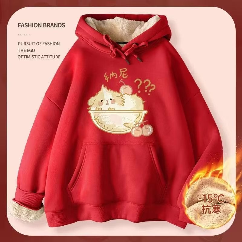 2023 New Mens Hooded fleece-lined Thickened Autumn and Winter Coat Winter Winter Student Lambskin Sweatshirt Men White t  - Image 3