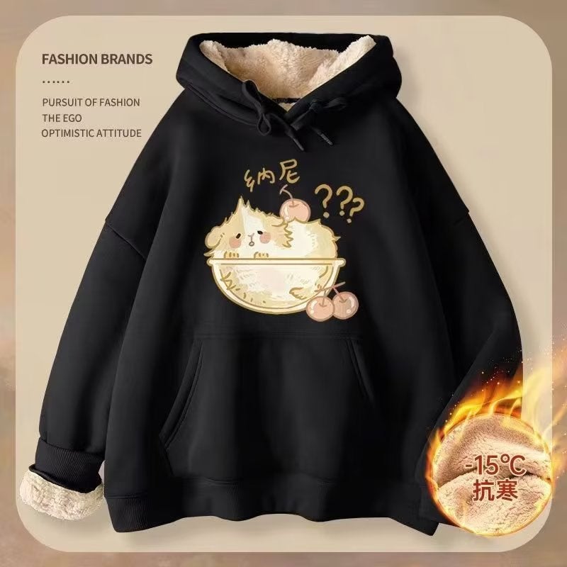 2023 New Mens Hooded fleece-lined Thickened Autumn and Winter Coat Winter Winter Student Lambskin Sweatshirt Men White t  - Image 2