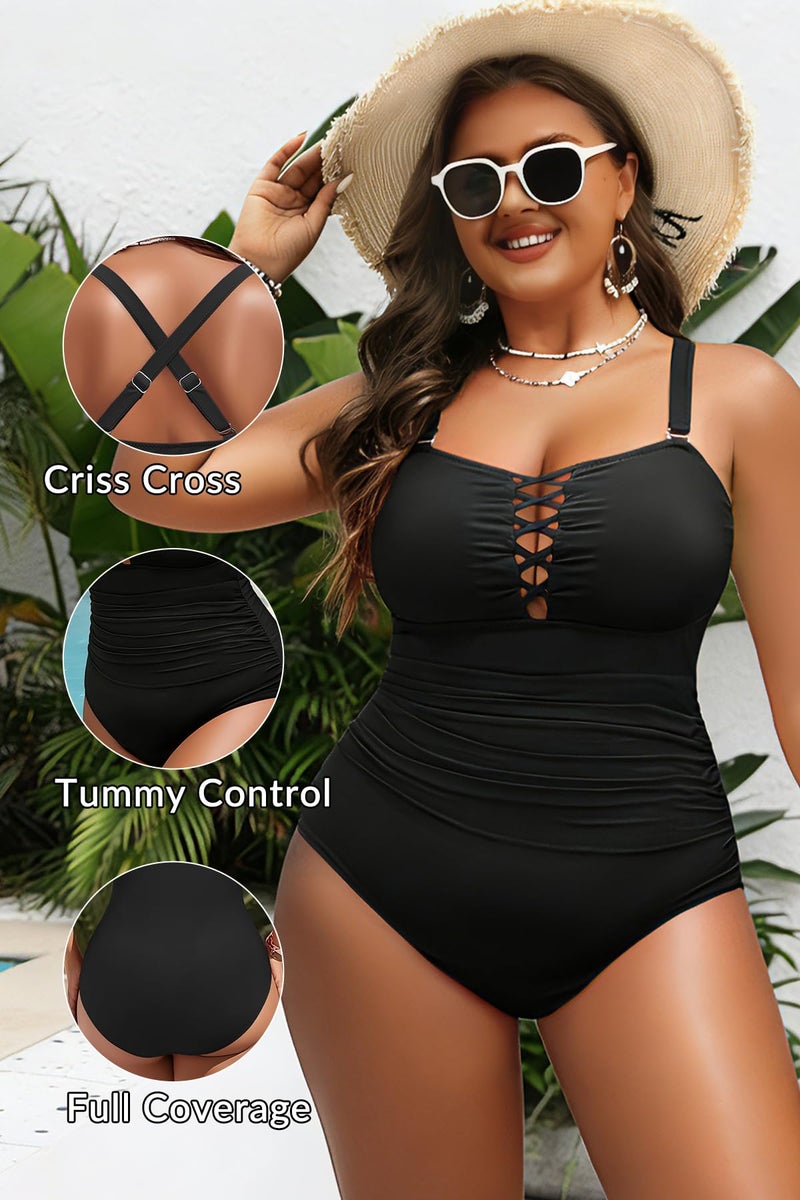 Yonique Women Black Plus Size One Piece Swimsuits Tummy Control Bathing Suits Vintage Swimwear 20plus - Image 3