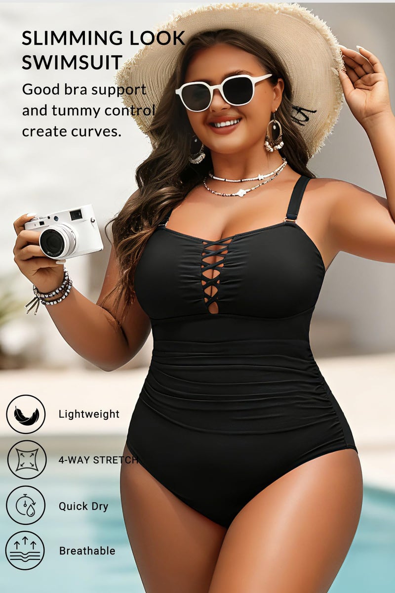 Yonique Women Black Plus Size One Piece Swimsuits Tummy Control Bathing Suits Vintage Swimwear 20plus - Image 4