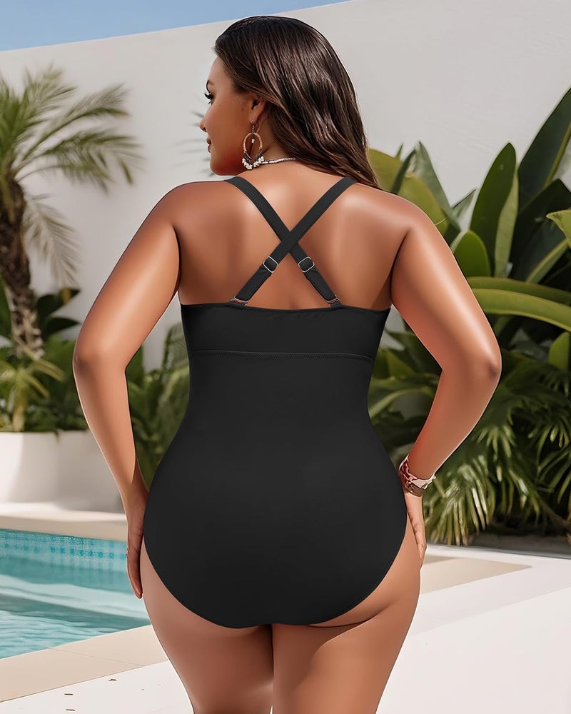 Yonique Women Black Plus Size One Piece Swimsuits Tummy Control Bathing Suits Vintage Swimwear 20plus - Image 2