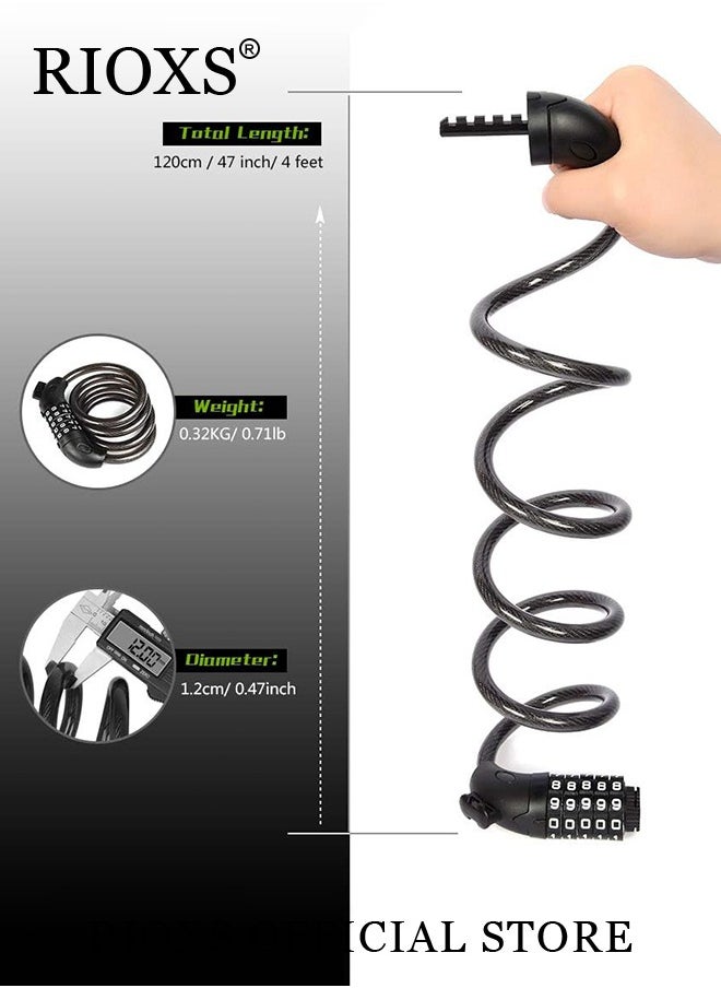 RIOXS - Bicycle Cable Lock 1.2M 5 Digit Combination Bicycle Lock Coil Resettable Combination Bicycle Lock Bicycle and Scooter Anti-theft Bicycle Combination Lock - Image 1