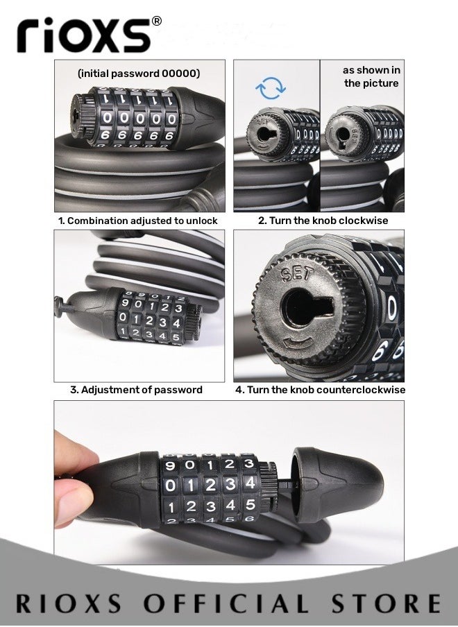 RIOXS - Bicycle Cable Lock 1.2M 5 Digit Combination Bicycle Lock Coil Resettable Combination Bicycle Lock Bicycle and Scooter Anti-theft Bicycle Combination Lock - Image 1