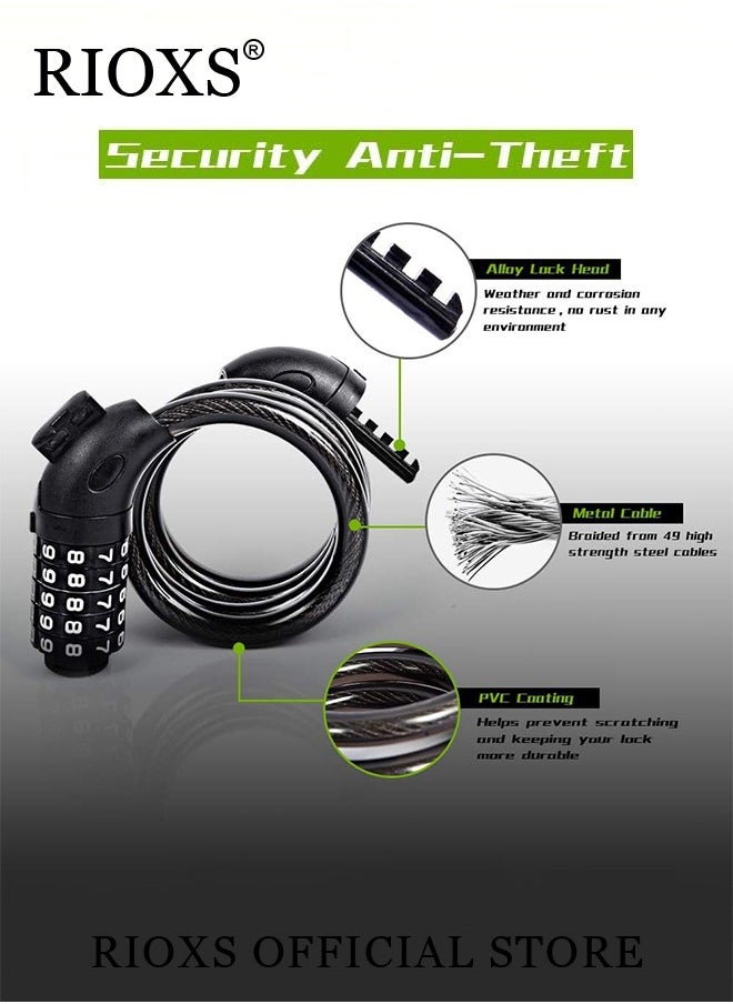 RIOXS - Bicycle Cable Lock 1.2M 5 Digit Combination Bicycle Lock Coil Resettable Combination Bicycle Lock Bicycle and Scooter Anti-theft Bicycle Combination Lock - Image 1
