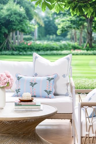 Hofdeco Premium Grandmillennial Patio Indoor Outdoor Lumbar Pillow Cover Only 12x20 Water Repellent for Backyard Couch Poolside Baby Blue Pink Print Watercolor Striped Lily of the Valley - Image 3