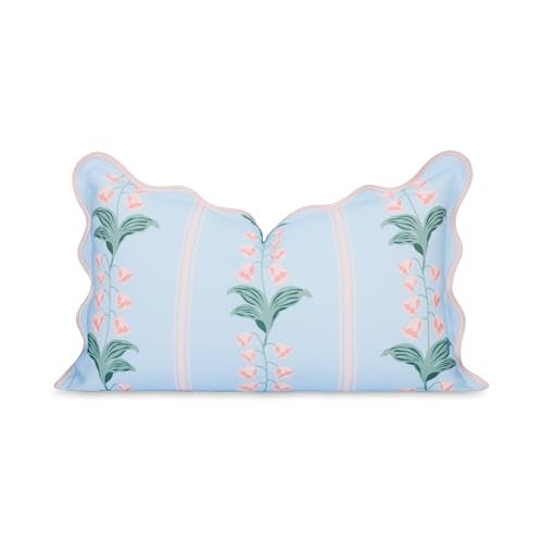 Hofdeco Premium Grandmillennial Patio Indoor Outdoor Lumbar Pillow Cover Only 12x20 Water Repellent for Backyard Couch Poolside Baby Blue Pink Print Watercolor Striped Lily of the Valley - Image 1