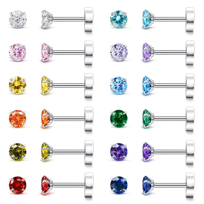 Fansilver 20G Hypoallergenic Flat Back Earrings for Women Men Silver 14K Gold Stainless Steel Stud Earrings Brithstone Cubic Zirconia Studs Surgical Steel Cartilage Earrings for Sensitive Ears - Image 1