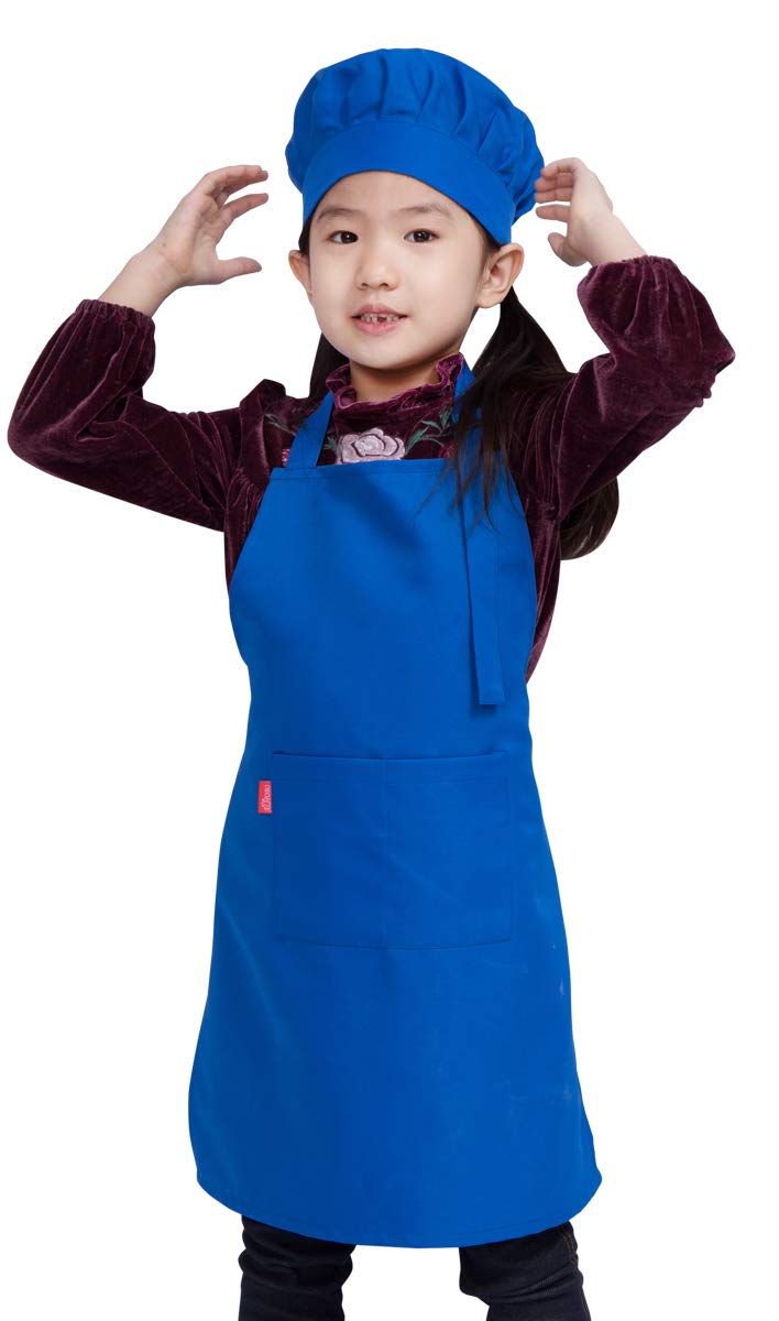 ALIPOBO Kids Apron and Chef Hat Set Childrens Adjustable Bib Apron with 2 Pockets Cute Boys Girls Kitchen Apron for Cooking Baking Painting Training Wear 25 Year Blue