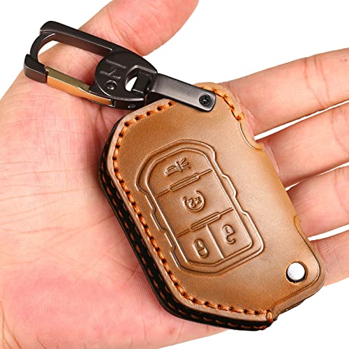 EASYANT Handmade Leather Car Key Fob Cover Compatible with Jeep 2018-2024 Wrangler Gladiator Sahara Rubicon 4 Buttons Brown - Image 1