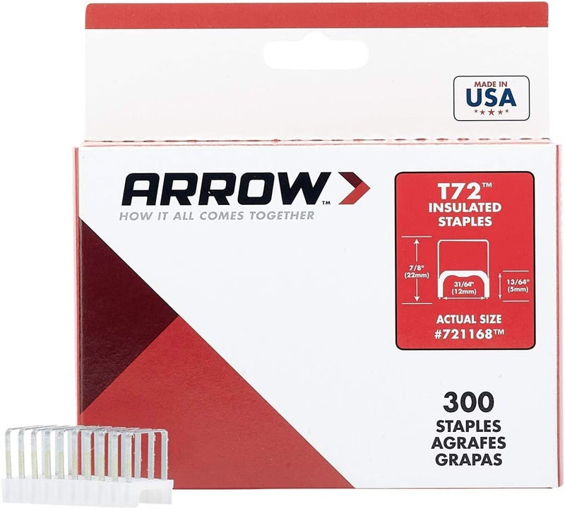 Arrow Fastener Arrow 721168 T72 Heavy Duty Steel Insulated Staples for Installing Cable and Wiring, 13/64-Inch by 31/64-Inch Crown Width, 300-Pack - Image 1