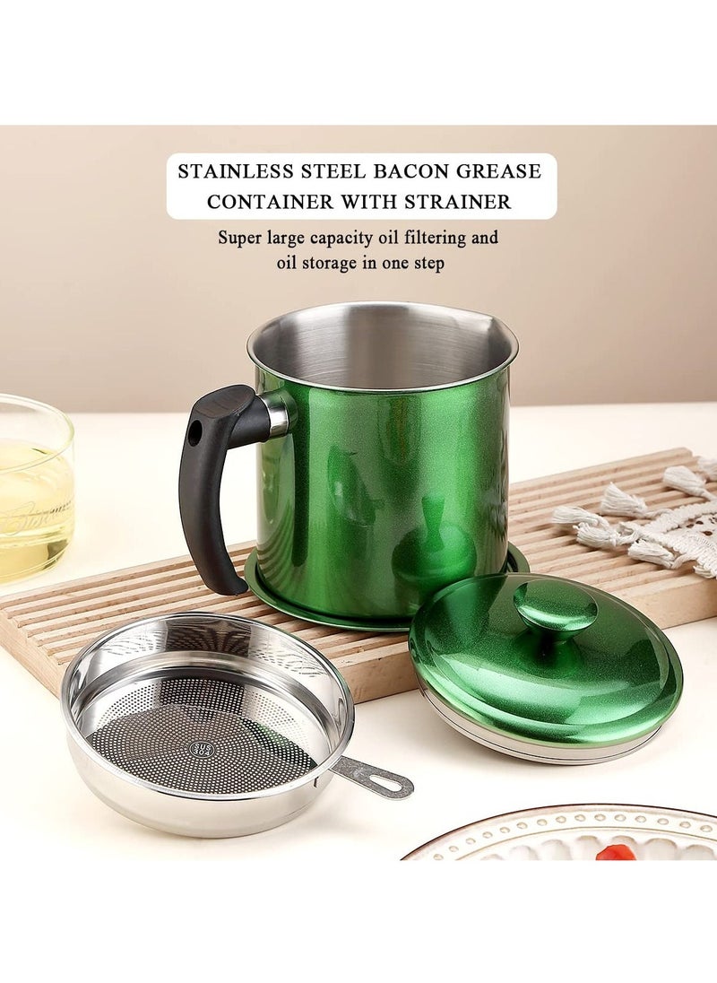 Grease Container with Strainer, 1.4L Stainless Steel Oil Container for Storing Used Cooking Oil with Lid u0026 Handle Suitable for Home Use (Green) - Image 2