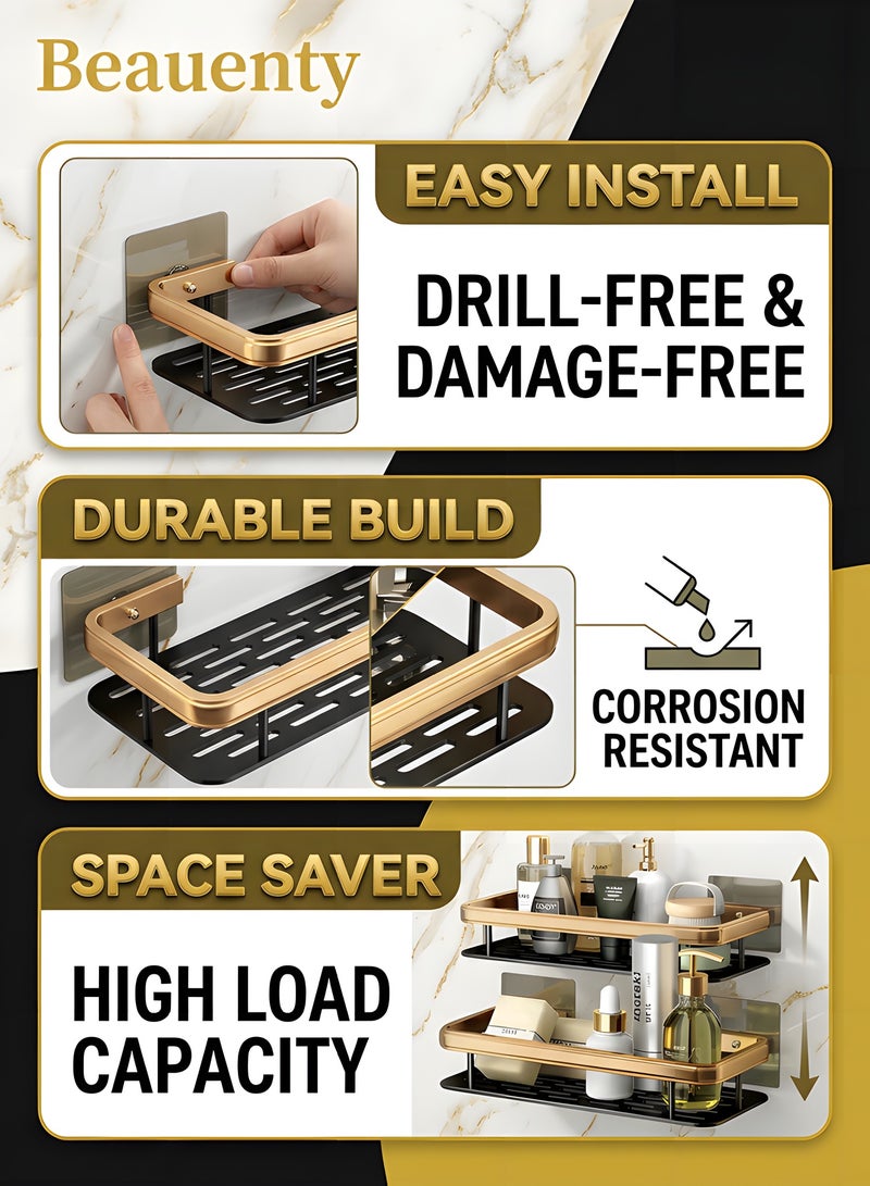 بيوينتي منظم رفوف حمام من الفولاذ المقاوم للصدأ ضد الصدأ بدون حفر، رف لتنظيم مستلزمات الحمام، رفوف حمام مثبتة على الحائط في الحمام أو المطبخ، سلة رفوف حمام. - Image 2