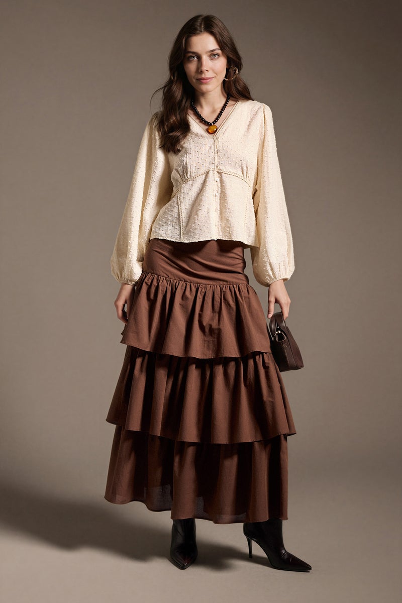 DeFacto Brown Woman A Cut Voile Maxi Skirt Casual - Image 1