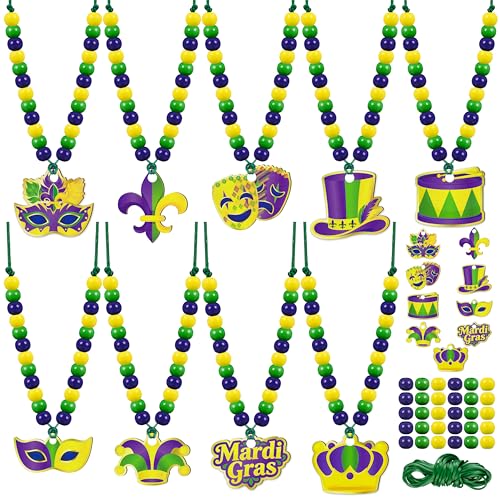 Eternity sky 36 Pcs Mardi Gras Beads Necklace Kit - DIY Purple Green Gold Wooden Craft Pendant Set for Carnival Party Favors - 9 Styles - Image 1