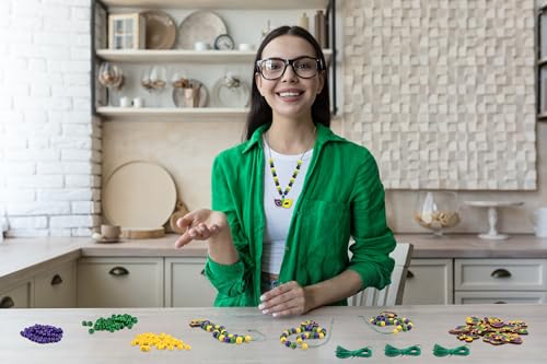 Eternity sky 36 Pcs Mardi Gras Beads Necklace Kit - DIY Purple Green Gold Wooden Craft Pendant Set for Carnival Party Favors - 9 Styles - Image 2