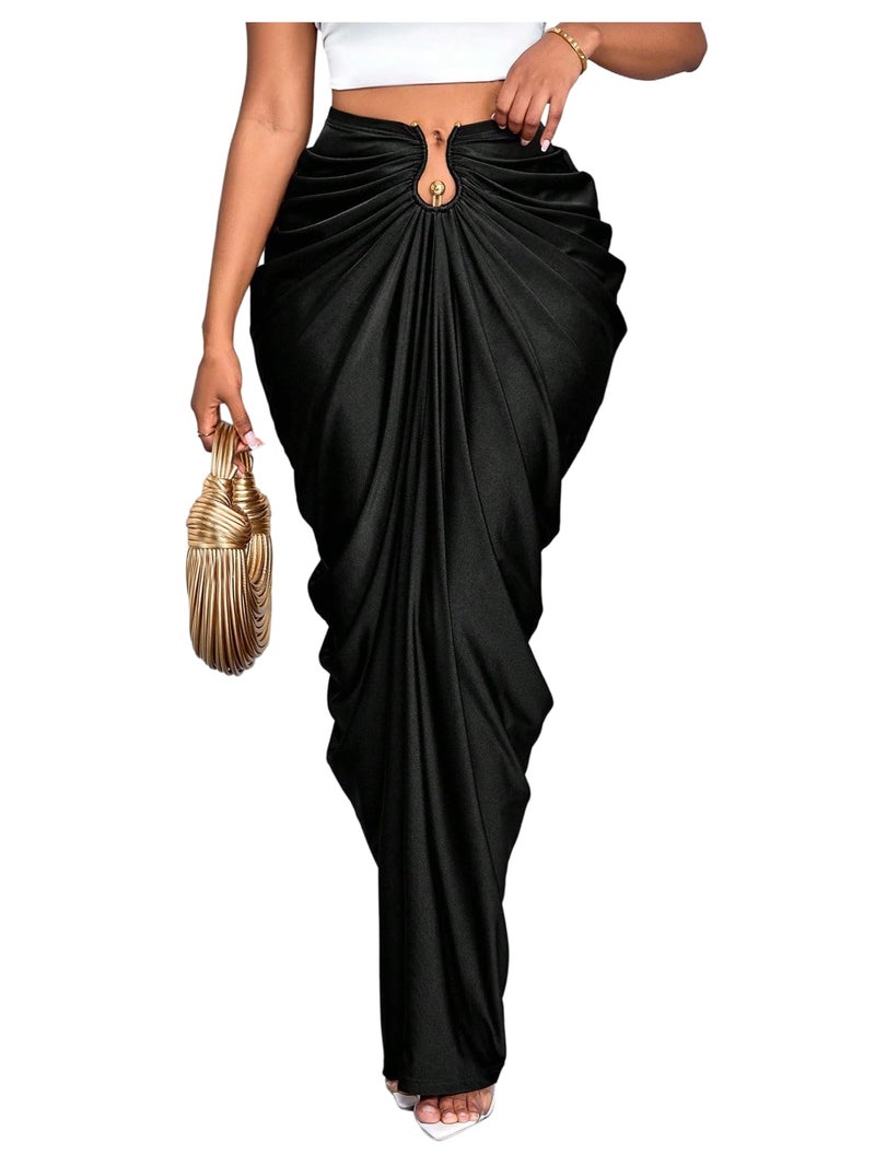 WDIRARA Women's Ruched Bodycon Maxi Skirt Cocktail Party High Waisted Long Fishtail Skirts Black Large - Image 1