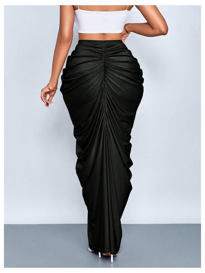 WDIRARA Women's Ruched Bodycon Maxi Skirt Cocktail Party High Waisted Long Fishtail Skirts Black Large - Image 2