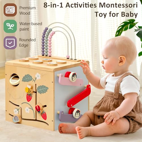 Pillowhale 8in1 Wooden Activity Cube for Toddlers 13 Montessori Learning Toy with Bead Maze Shape Sorter Sliding Tracks Clock Educational Play Cube for Baby 12M - Image 5