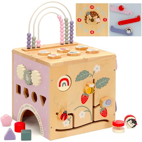 Pillowhale 8in1 Wooden Activity Cube for Toddlers 13 Montessori Learning Toy with Bead Maze Shape Sorter Sliding Tracks Clock Educational Play Cube for Baby 12M - Image 1